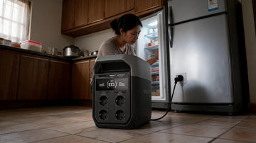 Portable power station running a refrigerator during a brownout in a Filipino home
