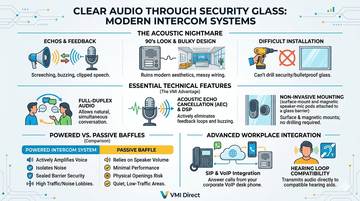 Infographic guide for modern transaction window intercoms by VMI Direct, covering audio problems, full-duplex features, powered vs passive systems, and VoIP integration.