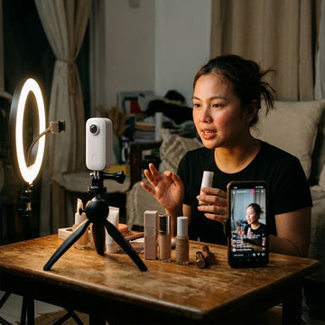 SJCAM C100 action camera set up for a live selling stream at a home studio desk