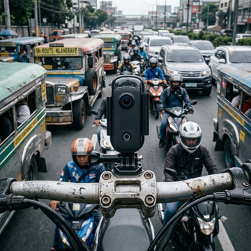 SJCAM C100+ action camera mounted on a motorcycle handlebar during a Metro Manila commute