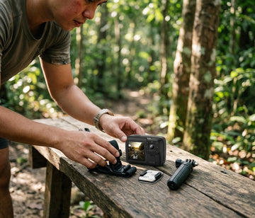 SJCAM A10 action camera with essential starter mounts laid out before a hike