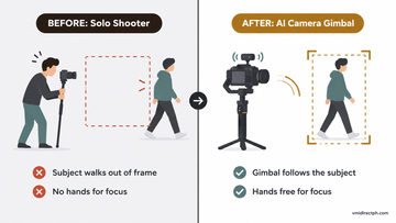 AI tracking camera gimbal before and after: solo shooter losing the subject vs camera gimbal following the subject hands free