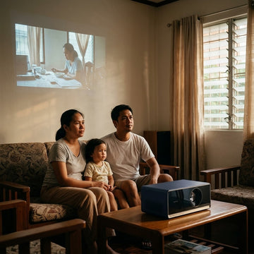 Family watching a bright android projector image in a curtained Filipino living room during late afternoon light