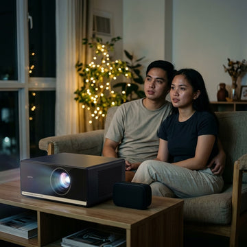 Filipino couple watching a movie with an android projector's built-in DSP HiFi speakers and a paired Bluetooth speaker