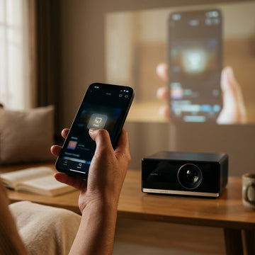 Hand holding a smartphone casting to an android projector Google TV Chromecast feature in a living room