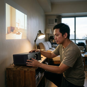 Filipino man adjusting an android projector with corrected rectangular image on wall showing keystone correction
