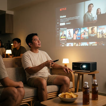 Filipino man watching Netflix on an android projector Google TV home screen in a condo living room at night