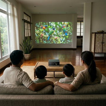 Filipino family seated at ideal viewing distance from a 100 inch android projector screen in a living room