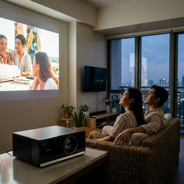 Android projector projecting a large screen next to a smaller smart TV in a Filipino condo living room