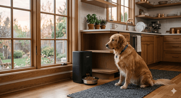 Golden retriever waiting at automatic pet feeder dispensing morning meal in a sunlit kitchen