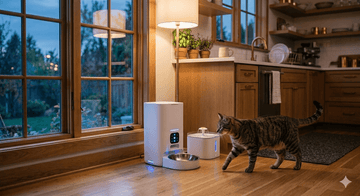 Tabby cat approaching a WiFi-enabled automatic pet feeder with glowing indicator lights in a modern apartment