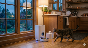Tabby cat approaching a WiFi-enabled automatic pet feeder with glowing indicator lights in a modern apartment