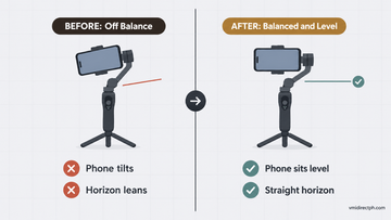 How to balance and calibrate a Hohem gimbal before and after: phone tilted with a leaning horizon vs balanced, level phone