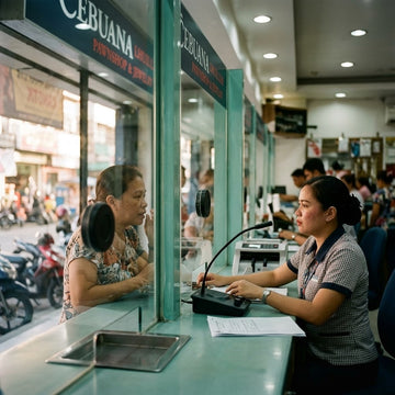 Teller behind security glass at a Philippine pawnshop counter using a dual-way window intercom system