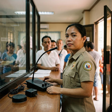 Barangay hall staff member using a window intercom microphone at a public service counter window