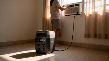 EcoFlow DELTA 3 power station beside a window aircon in a Filipino bedroom