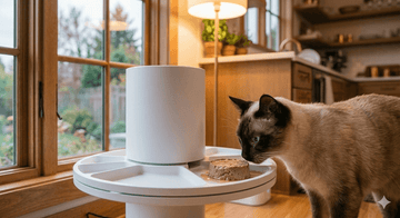 Siamese cat eating from rotating tray automatic pet feeder with wet food portion in warm kitchen setting