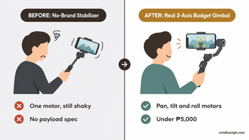 Best budget smartphone gimbal before and after: shaky no-brand single-motor stabilizer vs real 3-axis budget gimbal under ₱5,000