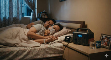 BLUETTI AC50P power station running a CPAP machine overnight on a bedside table