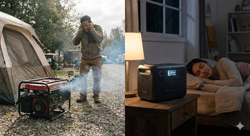 BLUETTI AC50P power station running quietly indoors compared with a loud fuel generator