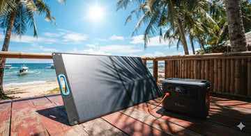 BLUETTI AC50P charging from a foldable SORA solar panel under tropical Philippine sun