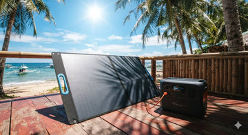 BLUETTI AC50P charging from a foldable SORA solar panel under tropical Philippine sun