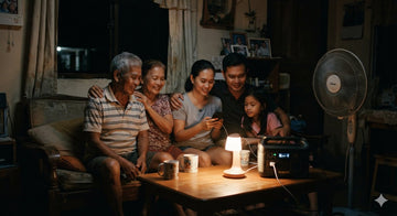 BLUETTI AC50P 500Wh power station running a fan and lights during a Philippine brownout