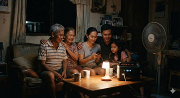 BLUETTI AC50P 500Wh power station running a fan and lights during a Philippine brownout