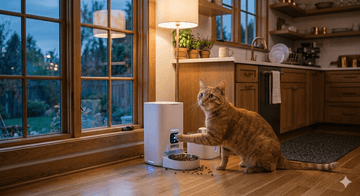 Orange tabby cat attempting to paw open an automatic pet feeder on a kitchen floor