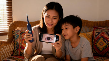 A Filipino parent showing a child the ear camera view on a phone at home