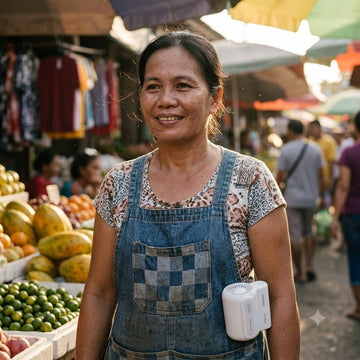 Waist clip fan clipped to a Filipino market vendor's apron during a long hot workday