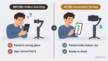 How to connect a Hohem gimbal before and after: app stuck searching for the gimbal vs gimbal paired inside the Hohem Joy app