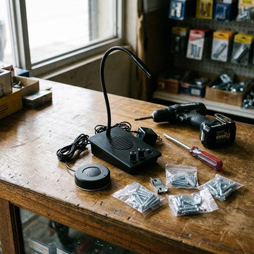 Window intercom installation parts and tools laid out on a counter for a DIY setup