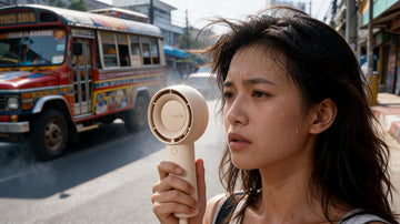 Using a Jisulife portable handheld fan on a hot Manila street