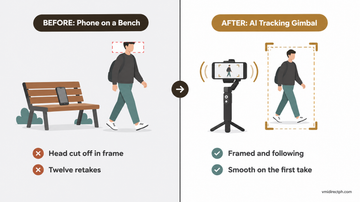How to film yourself alone before and after: phone on a bench cutting off your head vs AI tracking gimbal keeping you framed