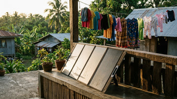 Foldable solar panel propped against a porch railing at a Filipino home