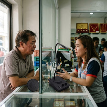 Staff and customer in a full-duplex conversation through a dual-way window intercom system at a counter