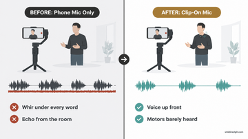 Gimbal motor noise before and after: phone mic recording motor whir vs clip-on wireless mic recording clean voice