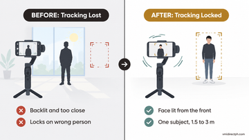 Gimbal not tracking before and after: backlit subject losing tracking vs front-lit subject locked at 1.5 to 3 m
