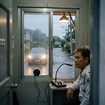 Security guard at a subdivision guardhouse using a dual-way window intercom through a closed rain-streaked window