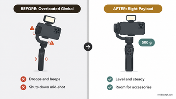 Heavy payload phone gimbal before and after: overloaded gimbal drooping under a heavy phone and light vs level 500 g payload gimbal