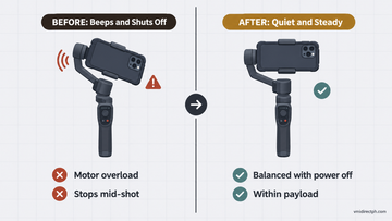 Hohem gimbal beeping fix before and after: overloaded gimbal drooping and shutting off vs balanced gimbal within its payload