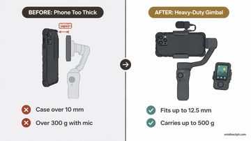 Hohem iSteady M7 vs DJI Osmo Mobile 8 before and after: cased phone too thick for a 10 mm clamp vs heavy-duty gimbal fitting 12.5 mm and 500 g