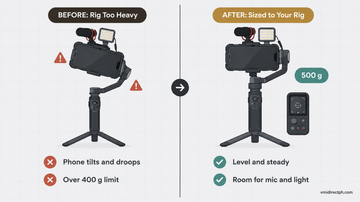 Hohem iSteady V3 Ultra vs M7 before and after: phone with mic and light tilting on an overloaded gimbal vs level on a 500 g payload gimbal with remote