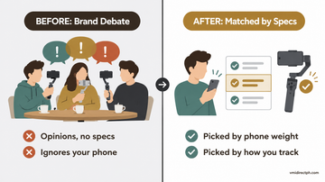 Hohem vs DJI vs Insta360 before and after: friends debating gimbal brands with no specs vs buyer picking a gimbal by phone weight and tracking needs