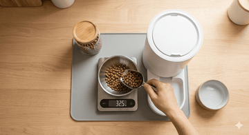 Person measuring pet kibble on a digital kitchen scale next to an automatic pet feeder to calibrate meal portions