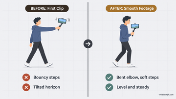 How to use a phone gimbal before and after: bouncy arm's-length walking shot with a tilted horizon vs smooth bent-elbow heel-to-toe walk