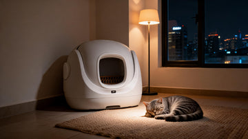 White CATLINK self-cleaning litter box in a Manila condo living room at night with a sleeping cat