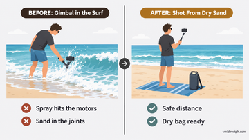 Is a Hohem gimbal waterproof before and after: gimbal held low in the surf with spray and sand vs shooting from dry sand with a dry bag