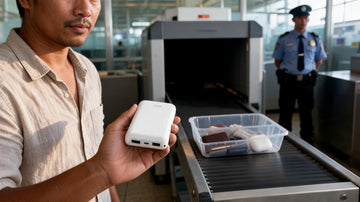 Filipino traveler holding a power bank at a Philippine airport security screening line